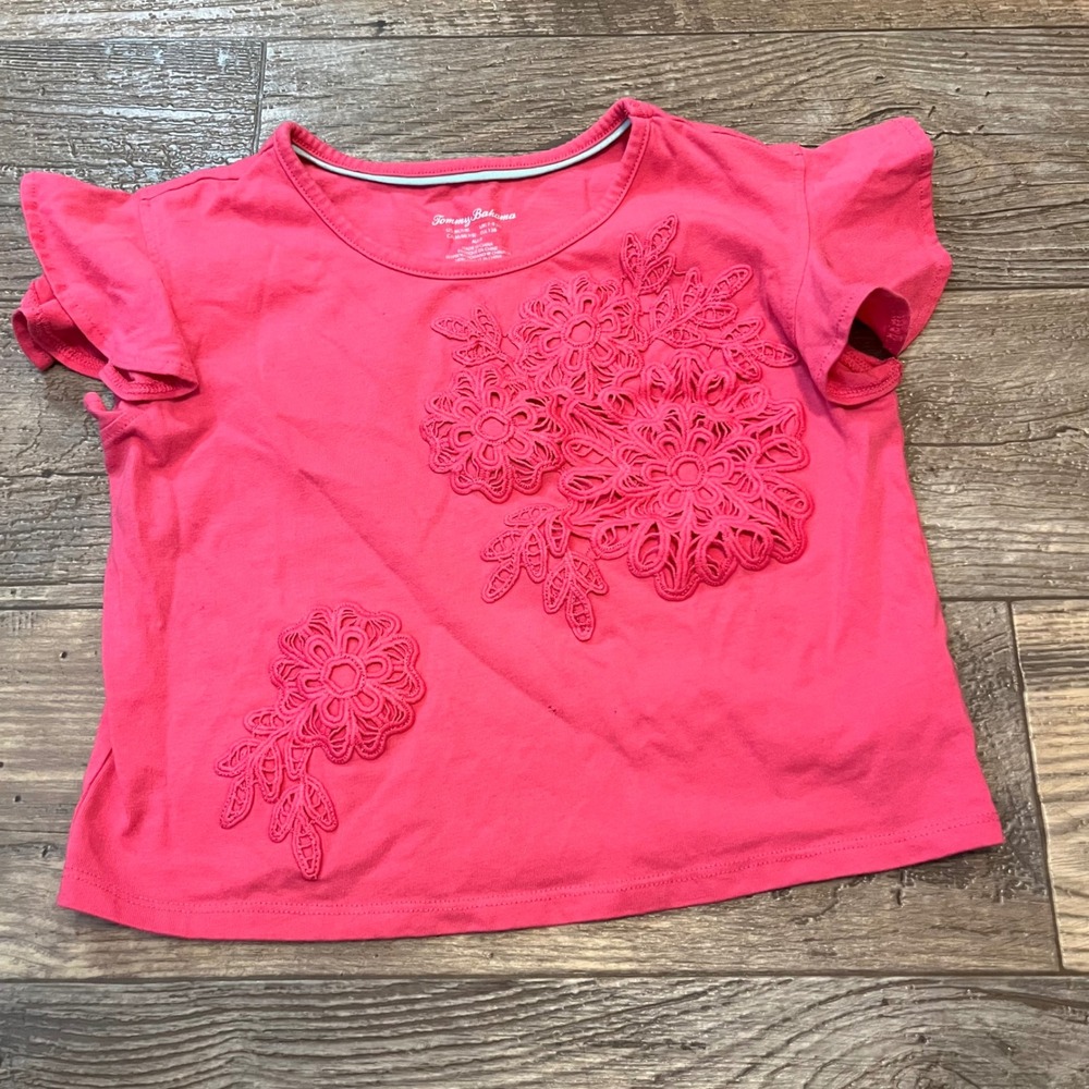 Tommy Bahama Girls Pink Floral Applique Flutter Sleeve T-Shirt Size M 7/8